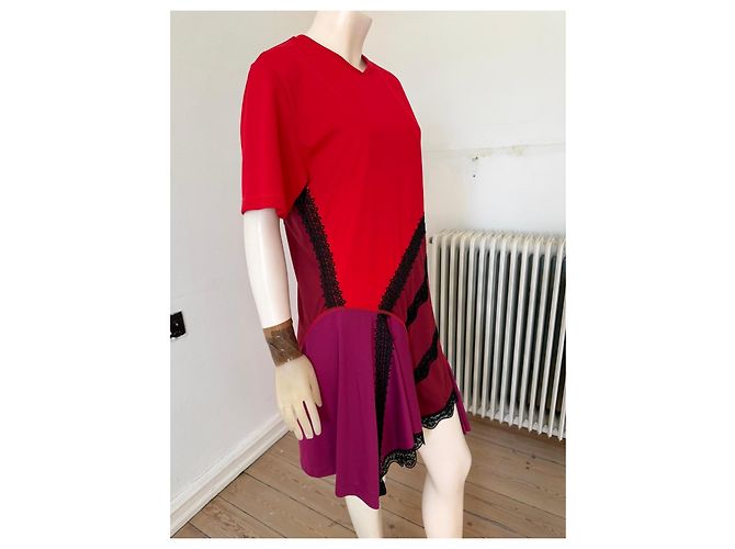 Autre Marque Abito Koché Rosso e Viola Color-block con Bordi in Pizzo Nero Porpora - vista 2