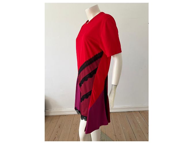 Autre Marque Abito Koché Rosso e Viola Color-block con Bordi in Pizzo Nero Porpora - vista 3