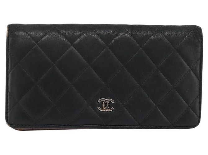 CHANEL Matelassé Long Wallet Lammfell Schwarz Silber CC Authentisch 180933 - Ansicht 13