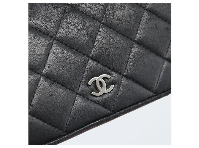 CHANEL Matelassé Long Wallet Lammfell Schwarz Silber CC Authentisch 180933 - Ansicht 8
