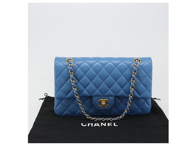 CHANEL Borsa Chain Double Flap Matelassé 25 in pelle di agnello blu e oro CC Auth 187037SAM D'oro - vista 12