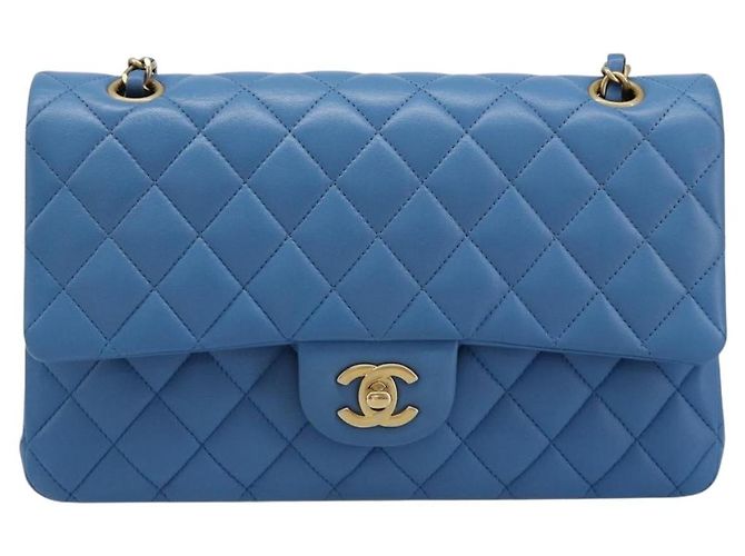 CHANEL Borsa Chain Double Flap Matelassé 25 in pelle di agnello blu e oro CC Auth 187037SAM D'oro - vista 13