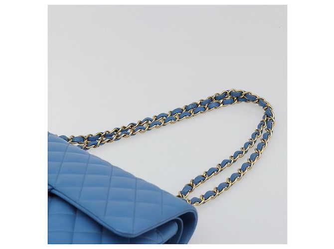 CHANEL Borsa Chain Double Flap Matelassé 25 in pelle di agnello blu e oro CC Auth 187037SAM D'oro - vista 14