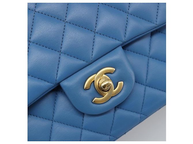 CHANEL Borsa Chain Double Flap Matelassé 25 in pelle di agnello blu e oro CC Auth 187037SAM D'oro - vista 19