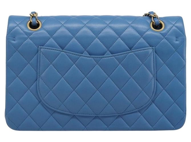 CHANEL Borsa Chain Double Flap Matelassé 25 in pelle di agnello blu e oro CC Auth 187037SAM D'oro - vista 2