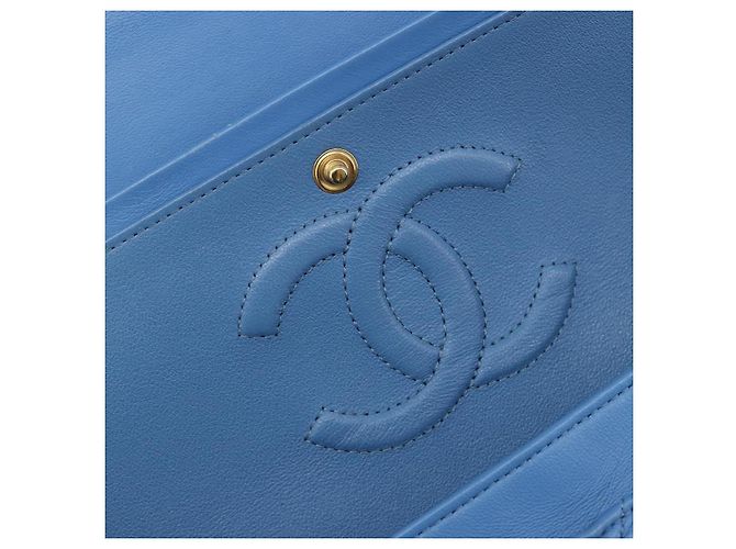 CHANEL Borsa Chain Double Flap Matelassé 25 in pelle di agnello blu e oro CC Auth 187037SAM D'oro - vista 24