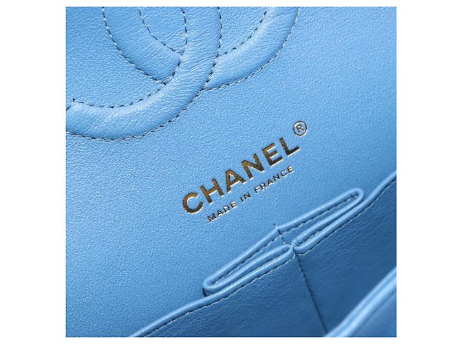 CHANEL Borsa Chain Double Flap Matelassé 25 in pelle di agnello blu e oro CC Auth 187037SAM D'oro - vista 25