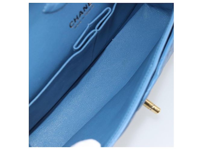 CHANEL Borsa Chain Double Flap Matelassé 25 in pelle di agnello blu e oro CC Auth 187037SAM D'oro - vista 9
