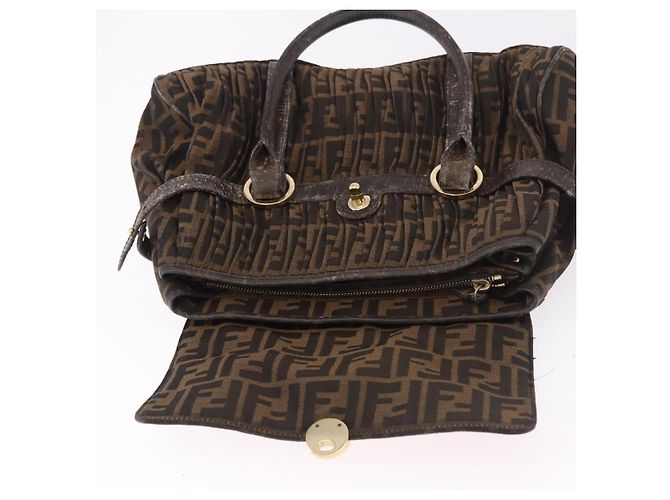 Bolso de Mano FENDI Zucca Canvas Negro Marrón Auténtico 186332 Castaño - vista 10