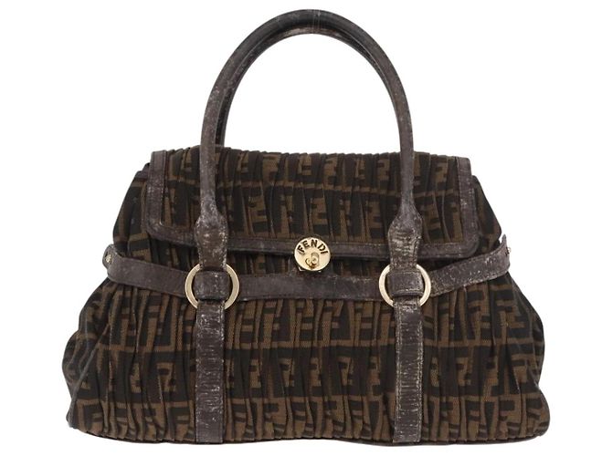 Bolso de Mano FENDI Zucca Canvas Negro Marrón Auténtico 186332 Castaño - vista 13