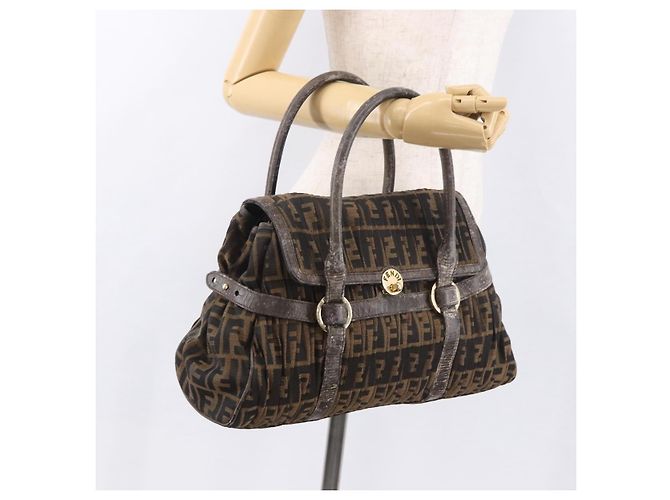 Bolso de Mano FENDI Zucca Canvas Negro Marrón Auténtico 186332 Castaño - vista 26