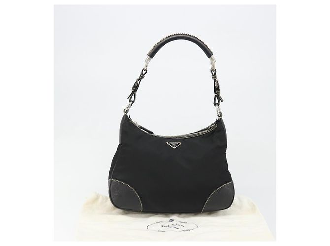 PRADA Schultertasche Nylon Leder Schwarz Silber Auth 179529A - Ansicht 12