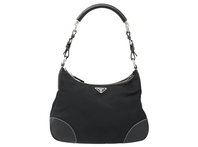 PRADA Schultertasche Nylon Leder Schwarz Silber Auth 179529A - Ansicht 13