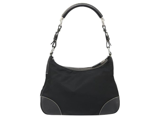 PRADA Schultertasche Nylon Leder Schwarz Silber Auth 179529A - Ansicht 2