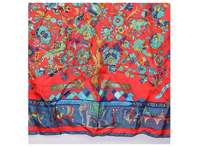 Hermès HERMES Carré 90 Sciarpa "fantaisies indiennes" Seta Rossa Auth 186543 Rosso - vista 9