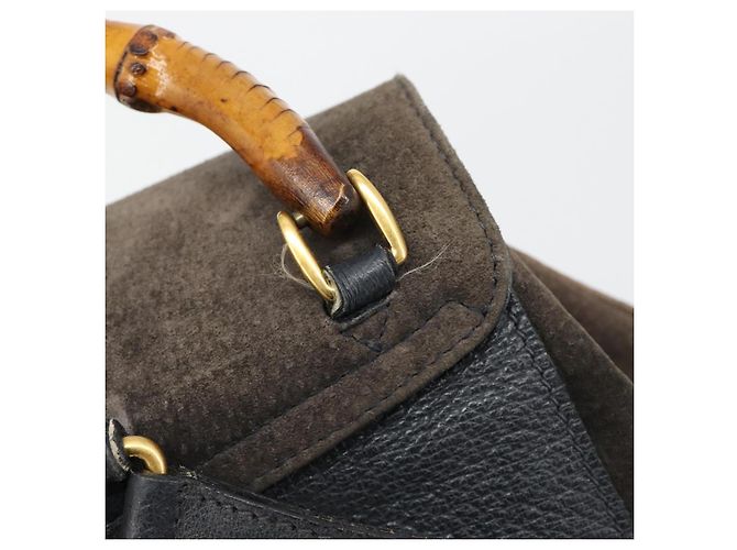 Mochila GUCCI Bamboo de ante azul marino y oro 003 2058 0016 Auth 183957 Dorado - vista 10