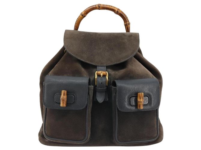 Mochila GUCCI Bamboo de ante azul marino y oro 003 2058 0016 Auth 183957 Dorado - vista 13