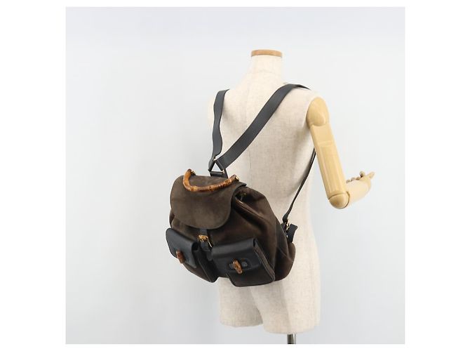 Mochila GUCCI Bamboo de ante azul marino y oro 003 2058 0016 Auth 183957 Dorado - vista 29