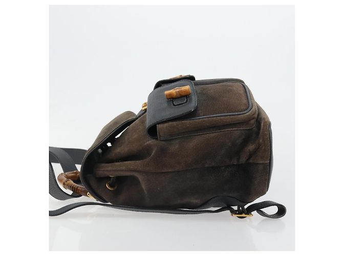 Mochila GUCCI Bamboo de ante azul marino y oro 003 2058 0016 Auth 183957 Dorado - vista 4