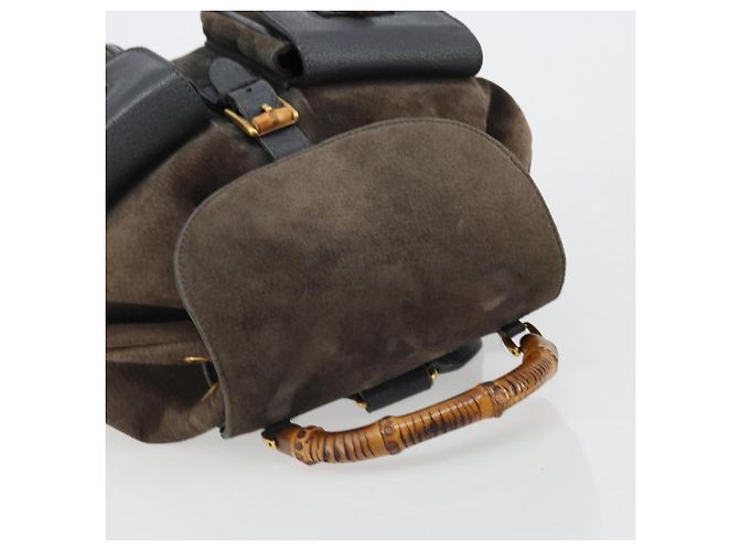 Mochila GUCCI Bamboo de ante azul marino y oro 003 2058 0016 Auth 183957 Dorado - vista 6
