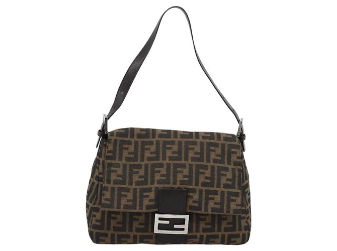 FENDI Borsa a Spalla Mamma Baguette in Tela Zucca Nero Marrone Autentica 187565SAV - vista 13