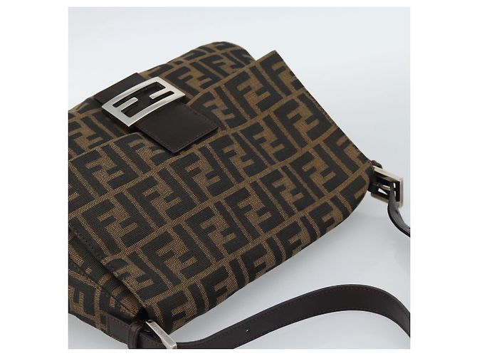 FENDI Borsa a Spalla Mamma Baguette in Tela Zucca Nero Marrone Autentica 187565SAV - vista 6