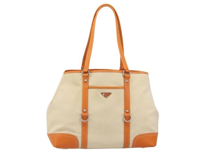 Tote Sac cabas PRADA en toile beige argenté Auth ka4818V - vue 13