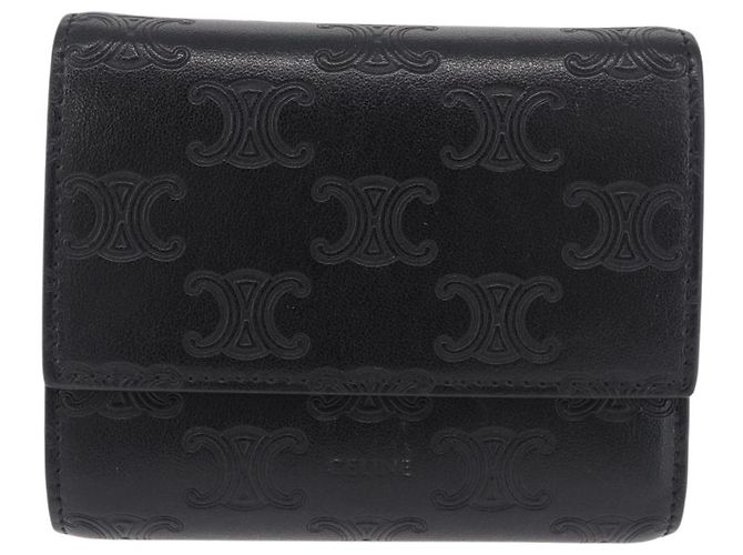 Céline CELINE Triomphe 3 Fold Wallet Leather Black Gold Auth 186148M Golden - view 13