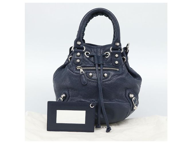 BALENCIAGA Giant Mini Pom Pom Hand Bag Leather 2way Navy Silver Auth 186261SM Argento Blu navy - vista 12
