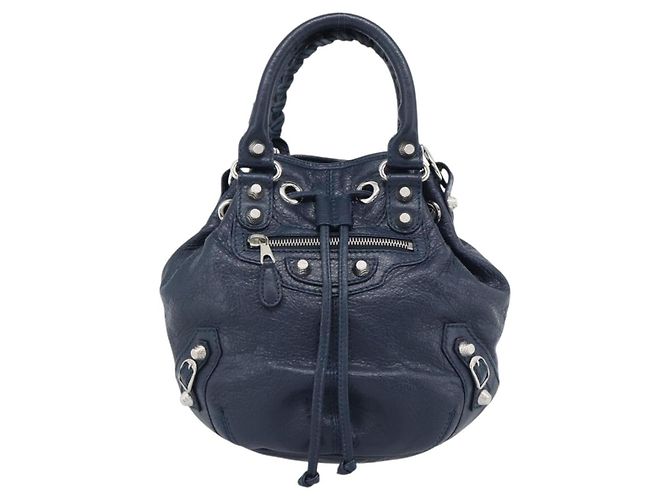 BALENCIAGA Giant Mini Pom Pom Hand Bag Leather 2way Navy Silver Auth 186261SM Argento Blu navy - vista 13