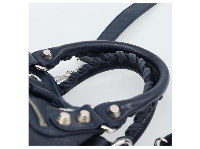 BALENCIAGA Giant Mini Pom Pom Hand Bag Leather 2way Navy Silver Auth 186261SM Argento Blu navy - vista 14
