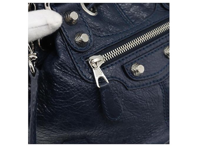 BALENCIAGA Giant Mini Pom Pom Hand Bag Leather 2way Navy Silver Auth 186261SM Argento Blu navy - vista 19