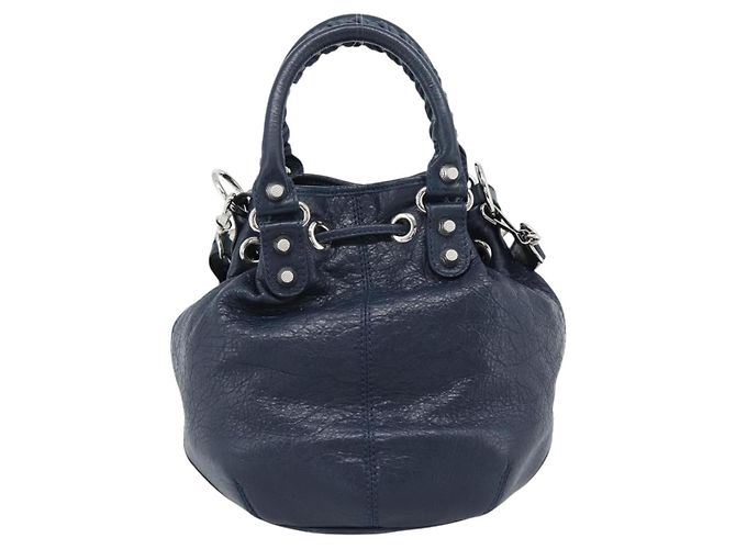 BALENCIAGA Giant Mini Pom Pom Hand Bag Leather 2way Navy Silver Auth 186261SM Argento Blu navy - vista 2