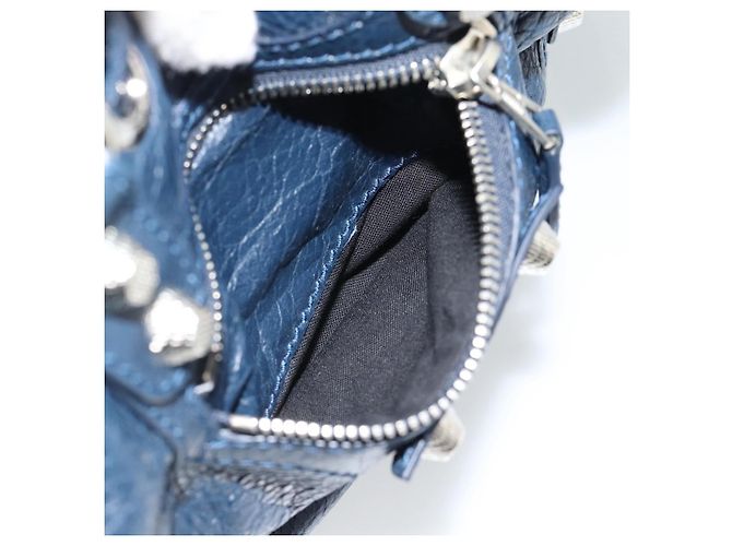 BALENCIAGA Giant Mini Pom Pom Hand Bag Leather 2way Navy Silver Auth 186261SM Argento Blu navy - vista 27