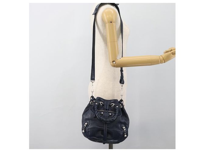 BALENCIAGA Giant Mini Pom Pom Hand Bag Leather 2way Navy Silver Auth 186261SM Argento Blu navy - vista 28