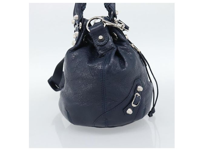 BALENCIAGA Giant Mini Pom Pom Hand Bag Leather 2way Navy Silver Auth 186261SM Argento Blu navy - vista 3