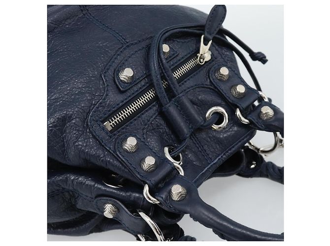 BALENCIAGA Giant Mini Pom Pom Hand Bag Leather 2way Navy Silver Auth 186261SM Argento Blu navy - vista 6