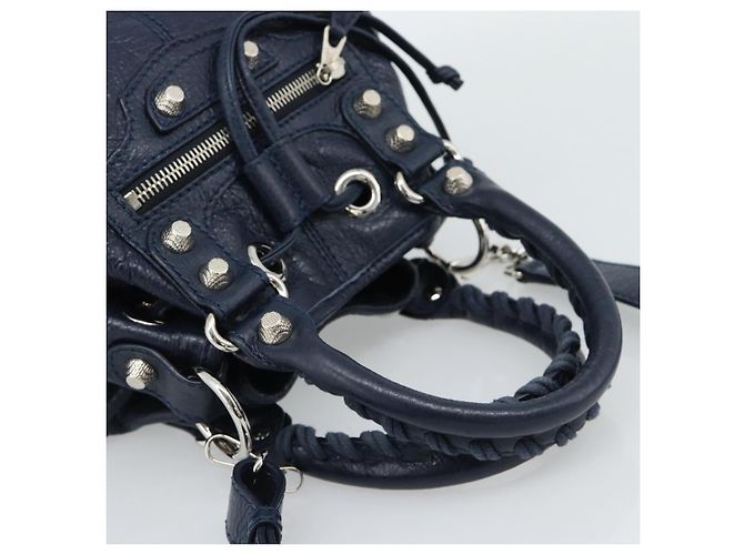 BALENCIAGA Giant Mini Pom Pom Hand Bag Leather 2way Navy Silver Auth 186261SM Argento Blu navy - vista 7