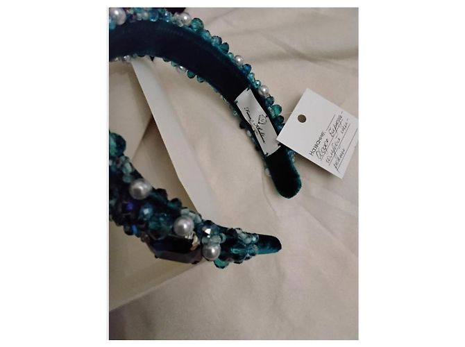 Autre Marque Faiza Khailova Cerchietto con perline e cristalli blu Bianco Metallico - vista 2
