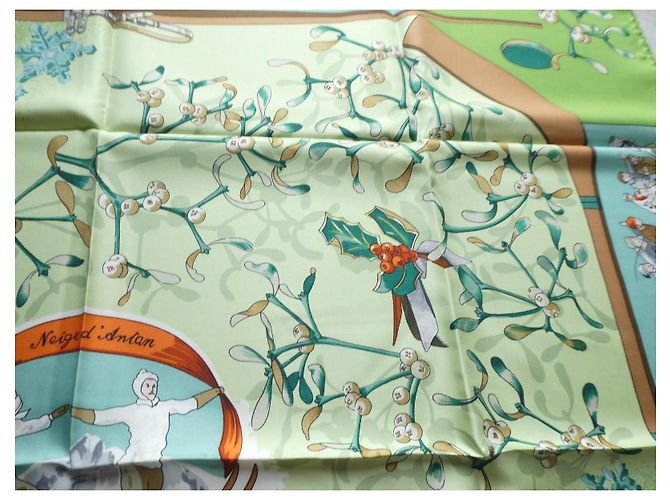 Hermès Lenço de seda Neige d'Antan Marrom Branco Verde Laranja - vista 10