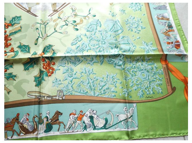 Hermès Lenço de seda Neige d'Antan Marrom Branco Verde Laranja - vista 6