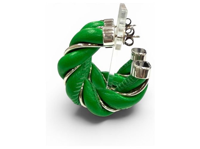 Orecchini Twist in pelle e argento sterling 925 Bottega Veneta Verde - vista 3