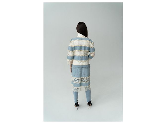 Christian Dior Boutique Giacca lunga patchwork denim e pizzo Bianco Blu - vista 10
