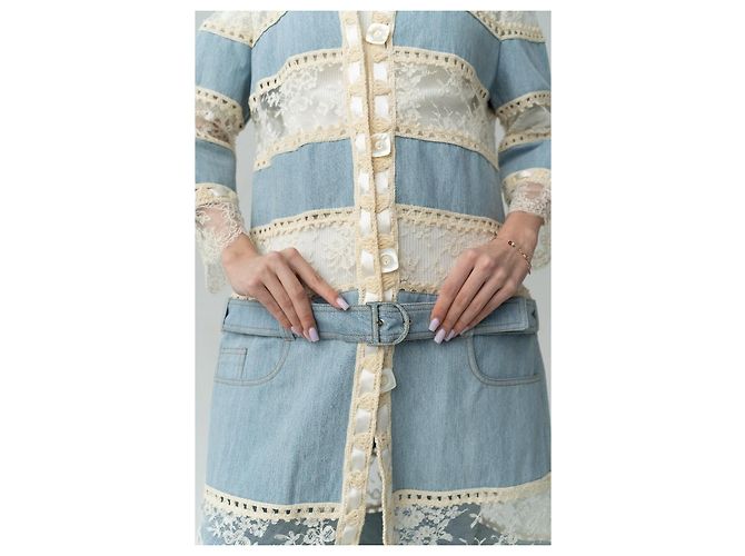 Christian Dior Boutique Giacca lunga patchwork denim e pizzo Bianco Blu - vista 11