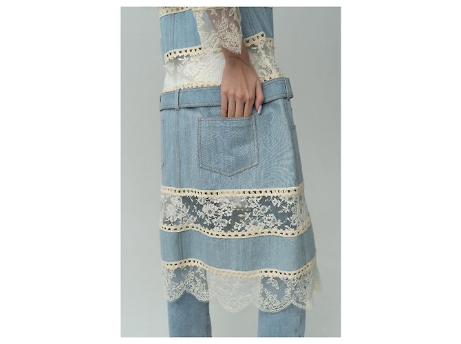 Christian Dior Boutique Giacca lunga patchwork denim e pizzo Bianco Blu - vista 12
