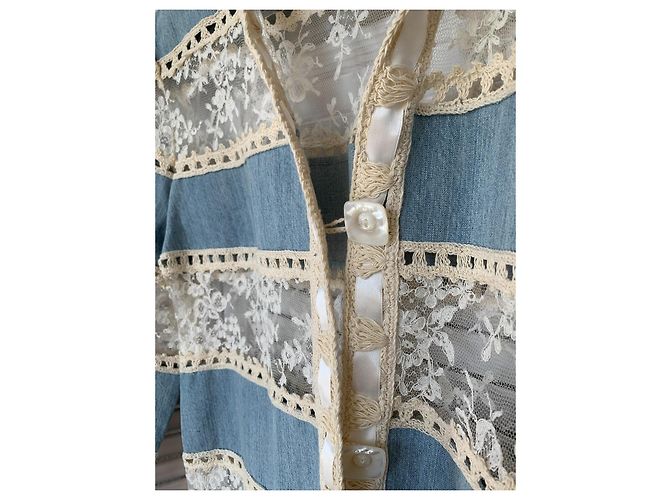 Christian Dior Boutique Giacca lunga patchwork denim e pizzo Bianco Blu - vista 13