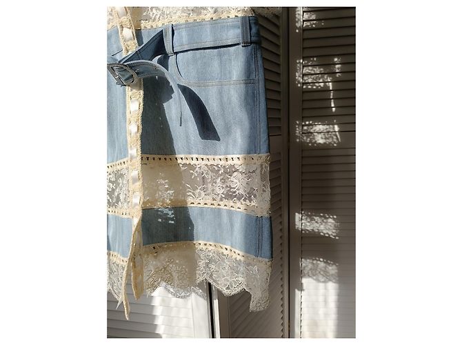 Christian Dior Boutique Giacca lunga patchwork denim e pizzo Bianco Blu - vista 14