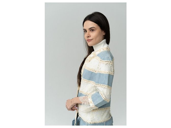 Christian Dior Boutique Giacca lunga patchwork denim e pizzo Bianco Blu - vista 19