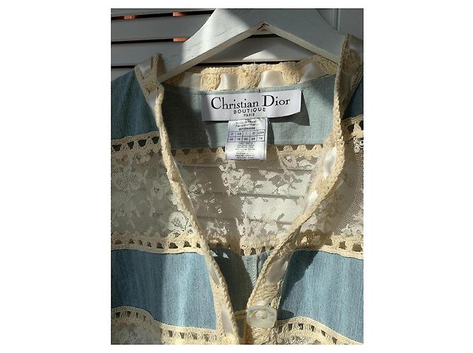Christian Dior Boutique Giacca lunga patchwork denim e pizzo Bianco Blu - vista 2