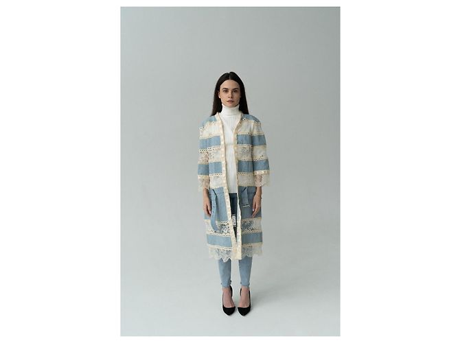 Christian Dior Boutique Giacca lunga patchwork denim e pizzo Bianco Blu - vista 7